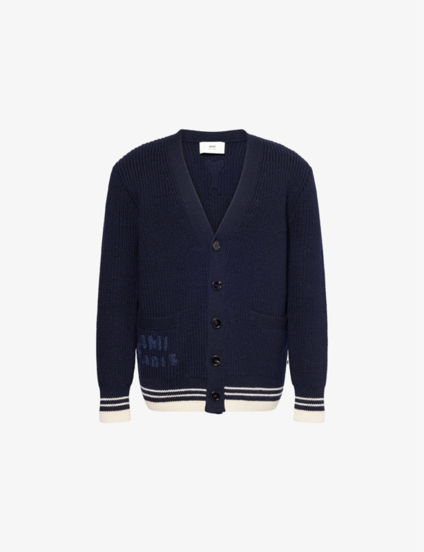 Logo-Embroidered Ribbed-Knit Wool Cardigan