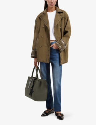 THE KOOPLES WOMENS KAKI STUD-EMBELLISHED RELAXED-FIT COTTON JACKET 