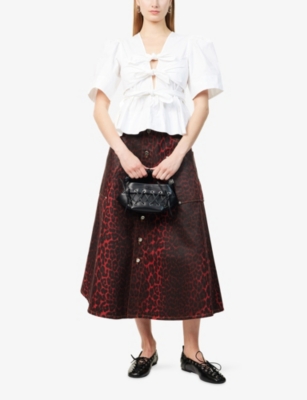 GANNI WOMENS RACING RED FOIL LEOPARD-PRINT DENIM MIDI SKIRT 