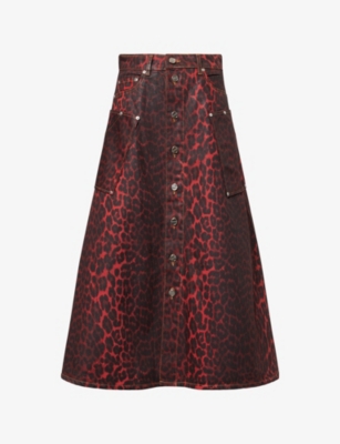 GANNI WOMENS RACING RED FOIL LEOPARD-PRINT DENIM MIDI SKIRT 