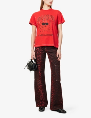 GANNI: Foil Andi Cargo Leopard Stretch-Denim Jeans