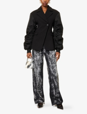 GANNI: Bonded Ruched-Sleeves Woven Blazer