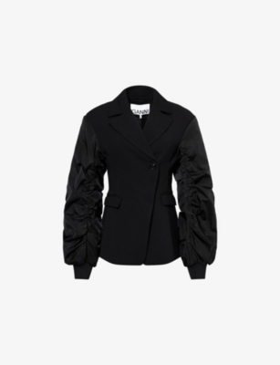 GANNI: Bonded Ruched-Sleeves Woven Blazer