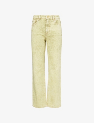 GANNI WOMENS GOLDEN CYPRESS GREEN FOIL OVERDYED STRAIGHT-LEG STRETCH-DENIM JEANS 
