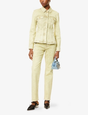 Ganni Womens  Green Foil Overdyed Flared Stretch- Denim Jacket In Golden Cypress