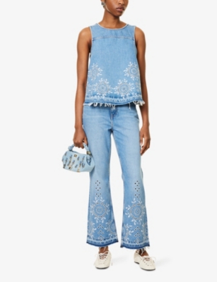 GANNI: Broderie Flared Denim Jeans