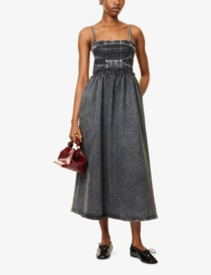 GANNI: Flared Shoulder-Straps Stretch-Denim Blend Midi Dress