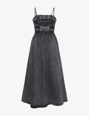 GANNI: Flared Shoulder-Straps Stretch-Denim Blend Midi Dress