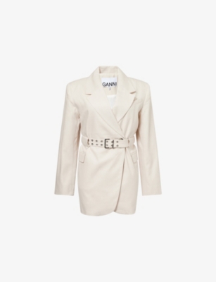 Shop Ganni Womens  Tailoring Belted Cotton And Linen Blazer In Angora