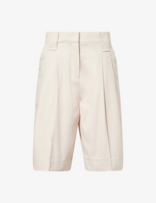 GANNI: Melange Tailoring Pleated Cotton And Linen Shorts