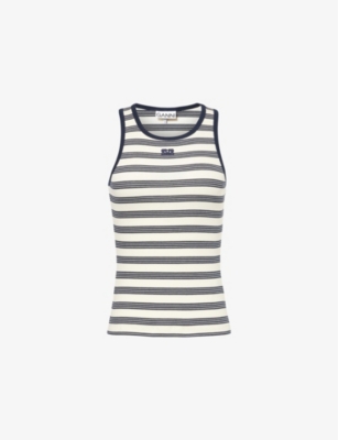 GANNI: Striped Ribbed Stretch-Cotton Top