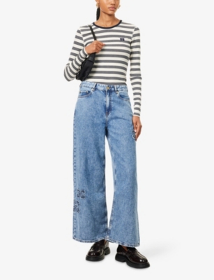 GANNI: Striped Ribbed Stretch-Cotton T-Shirt