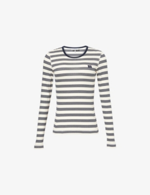 GANNI: Striped Ribbed Stretch-Cotton T-Shirt