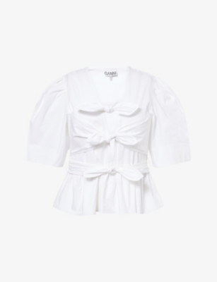 Shop Ganni Womens Bright White Tie Strap Puffed-sleeves Stretch-cotton Blouse