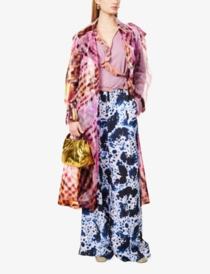 Abstract-Print Semi-Sheer Shell Trench Coat