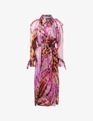 Abstract-Print Semi-Sheer Shell Trench Coat