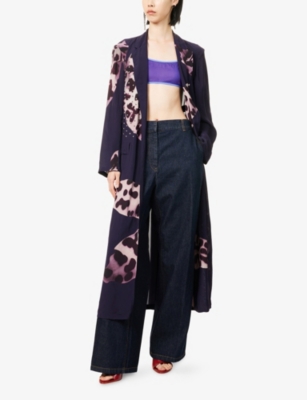 Shop Dries Van Noten Womens Navy Belted Embellished Woven Coat Xs