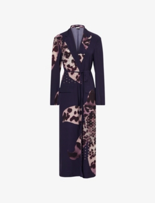 Dries Van Noten Womens Navy Belted Embellished Woven Coat