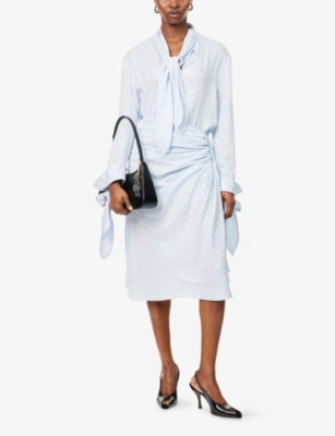 GIVENCHY: Monogram-Print Ruched Silk Midi Skirt