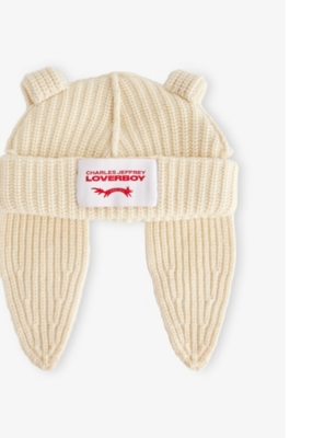 Charles Jeffrey Loverboy Mens Ecru Rabbit Logo-patch Knitted Beanie
