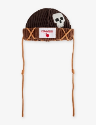 Charles Jeffrey Loverboy Mens Brown Skull Logo-patch Knitted Beanie Hat