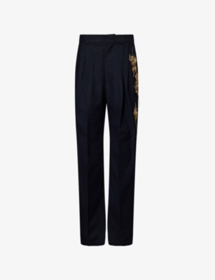 DRIES VAN NOTEN: Panrom Embellished Straight-Leg Wool-Blend Trousers