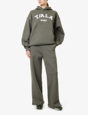 Brand-Embroidery Split-Cuffs Wide-Leg High-Rise Cotton-Blend Jogging Bottoms
