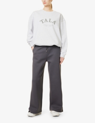 Brand-Embroidery Split-Cuffs Wide-Leg High-Rise Cotton-Blend Jogging Bottoms