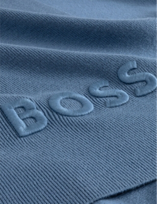 HUGO BOSS DENIM LOGO-EMBROIDERED KNITTED THROW 170CM X 130CM 