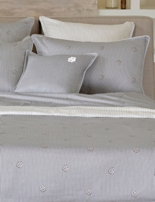 BOSS: Logo-Embroidered Striped Cotton Flat Sheet