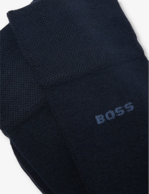Shop Hugo Boss Mens Dark Blue Crew-length Intarsia-branding Pack Of Two Knit Socks