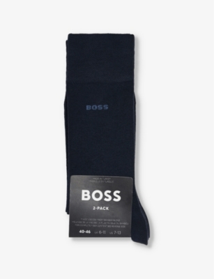 Shop Hugo Boss Mens Dark Blue Crew-length Intarsia-branding Pack Of Two Knit Socks