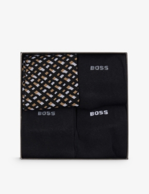 BOSS: Crew-length intarsia-branding pack of four cotton-blend socks