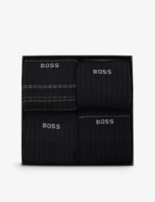 Mens Boss Crew-Length Ribbed Pack Of Three Cotton-Blend Socks