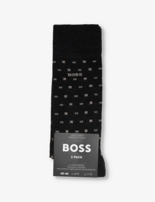 Shop Hugo Boss Mens Charcoal Crew-length Intarsia-branding Pack Of Two Cotton-blend Socks