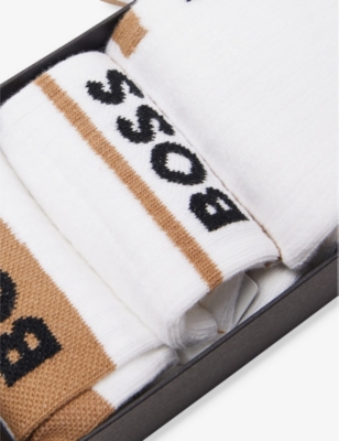 BOSS: Crew-length intarsia-branding pack of three cotton-blend socks