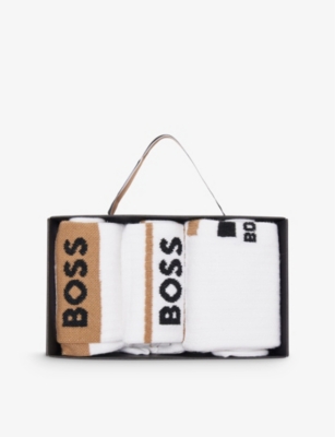 BOSS: Crew-length intarsia-branding pack of three cotton-blend socks