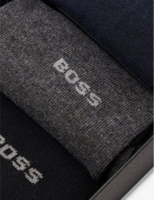 BOSS: Intarsia-branding crew-length cotton-blend pack of three socks