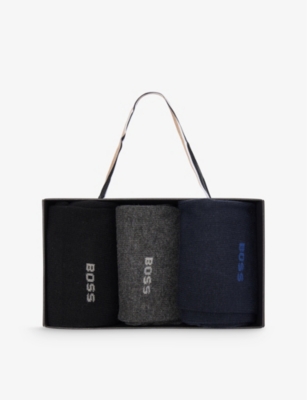 BOSS: Intarsia-branding crew-length cotton-blend pack of three socks