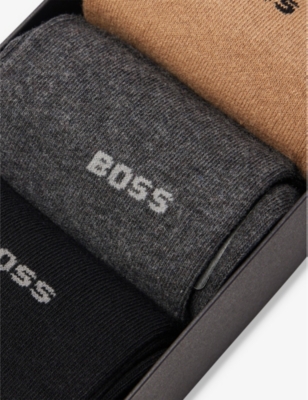BOSS: Intarsia-branding crew-length pack of three cotton-blend socks