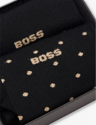 Shop Hugo Boss Mens Black Intarsia-branding Crew-length Pack Of Two Cotton-blend Socks
