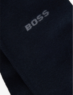 Shop Hugo Boss Mens Boss Crew-length Intarsia-branding Pack Of Two Cotton-blend Socks In Dark Blue