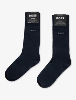 Shop Hugo Boss Mens Boss Crew-length Intarsia-branding Pack Of Two Cotton-blend Socks In Dark Blue