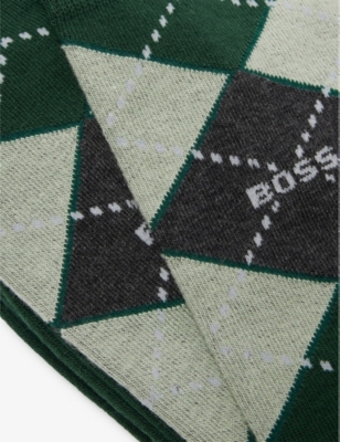 HUGO BOSS MENS OPEN GREEN CREW-LENGTH INTARSIA-BRANDING PACK OF TWO COTTON-BLEND SOCKS 