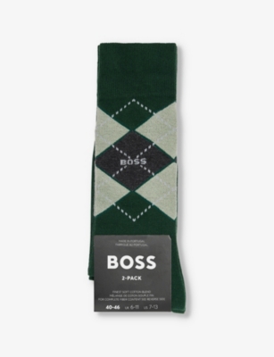 HUGO BOSS MENS OPEN GREEN CREW-LENGTH INTARSIA-BRANDING PACK OF TWO COTTON-BLEND SOCKS 