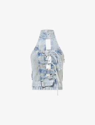 Shop Natasha Zinko Womens Light Blue Strapped-in Sleeveless Denim Top Xs