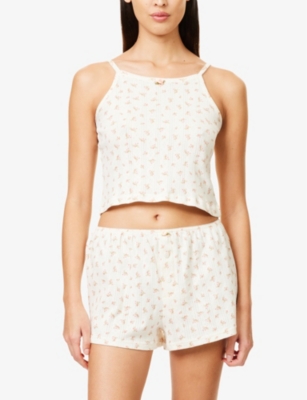 The Nap Co Womens  Pointelle Floral-print Cotton-jersey Top In Rose