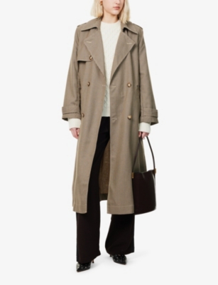 REFORMATION WOMENS BROWN CHECK MATTEO CHECK-PATTERN BELTED WOOL-BLEND TRENCH COAT 