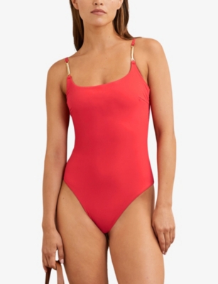 Reiss Womens Coral Red Imogen Chain-trim Underwired Swimsuit In Red