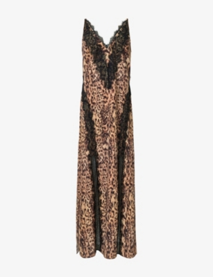 Allsaints Womens  Melia Leopard-print Lace-embroidered Woven Maxi Dress